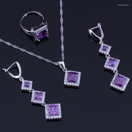 Colar Conjunto de Brincos Majestoso Quadrado Roxo Zircônia Cúbica Branca CZ Pingente Banhado a Prata Anel Corrente V0258