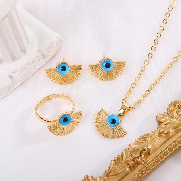 Conjunto de pendientes y collar MANDI 2023, conjuntos de anillos chapados en oro, semicírculo de ojo malvado, joyería de fiesta en forma de abanico para mujer