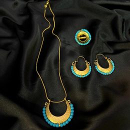 Ketting Oorbellen Set MANDI Etnische Blauwe Kraal Vergulde Halve Maan Dames Professionele Fabriek Hanger Ring Oorbel