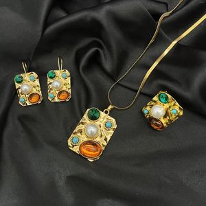 Ensemble collier et boucles d'oreilles MANDI, perles de haute qualité, strass, réglage en pierre naturelle, pendentif carré, bague plaquée or