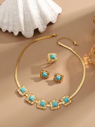 Ketting oorbellen set mandi vintage turquoise ring driedelige hoogwaardige 18k goud vergulde niet-fading voor vrouwen
