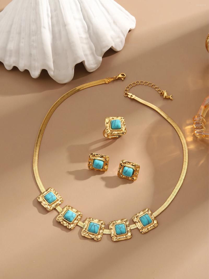 Necklace Earrings Set MANDI Vintage Turquoise Ring Three-piece High Quality 18k Gold Plated Non-fading For Women