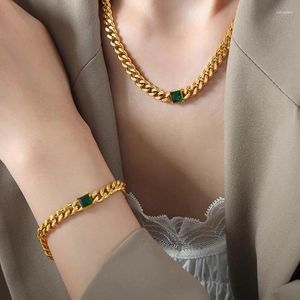 Collier et boucles d'oreilles ensemble Marka Hip Hop, Bracelet en acier inoxydable pour femmes, chaîne plaquée or, bijoux en Zircon vert, cadeau de mariage