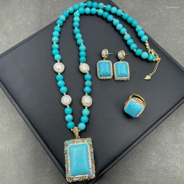 Ensemble de boucles d'oreilles et collier de Style médiéval pour femmes, perles turquoises de haute qualité, personnalité de Niche incrustée à la main, strass tchèques