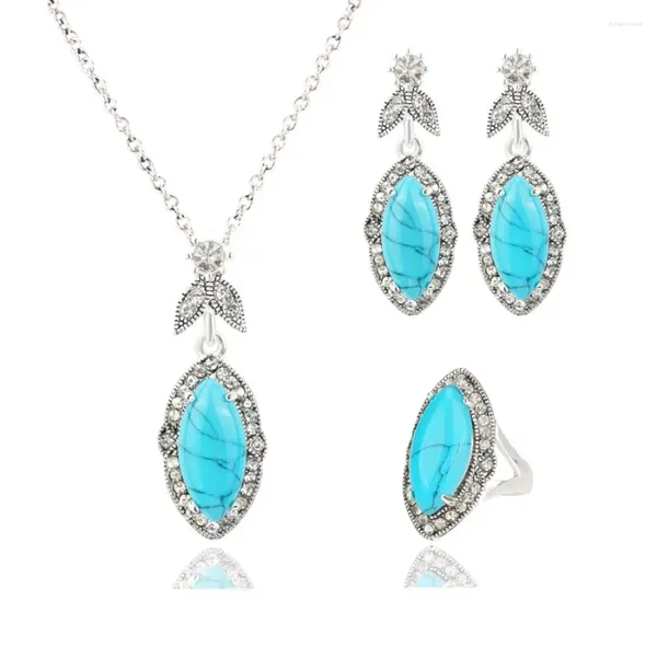 Megin D – ensemble de boucles d'oreilles et collier plaqué argent Turquoise, Vintage, style Boho, chaînes, bagues, bijoux pour femmes, mariage