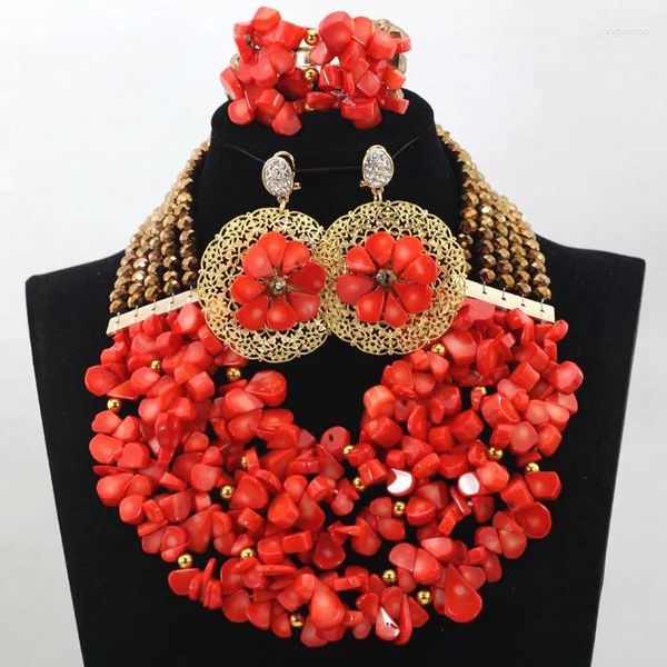 Conjunto de collar y pendientes, semillas de melón, cuentas de Coral naturales, joyería de boda, capas gruesas y babero de cristal, nupcial, CNR357