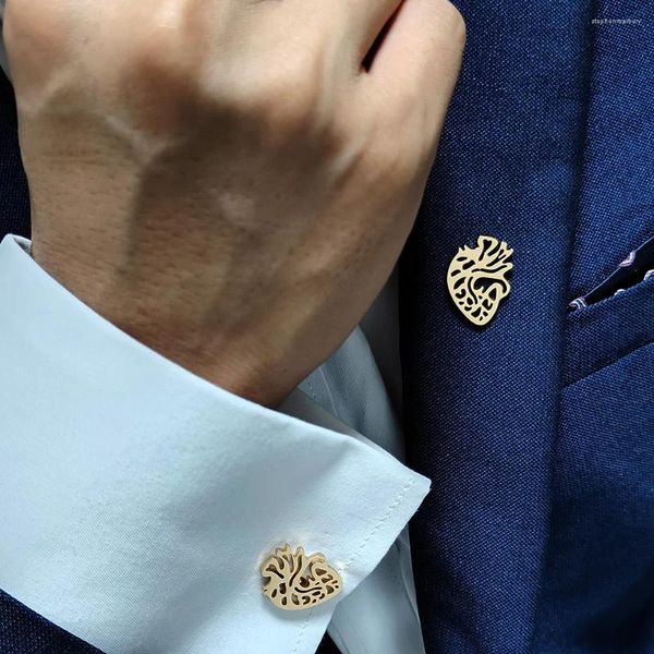 Collar Pendientes Conjunto Gemelos para Hombre Broche Corazón Romántico Broches De Botón Color Oro Joyería De Acero Inoxidable Decoración De Camisas Boda
