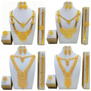 Ketting Oorbellen Set Midden-Oosten Dubai Sieraden Lange Armband Ring 24K Vergulde Bruiloft Accessoires Vrouwen