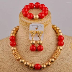 Ensemble collier et boucles d'oreilles minimalistes pour mariage nigérian, bijoux à la mode, perles en verre rouge et cristal, accessoires pour robe de mariée africaine, XK-27