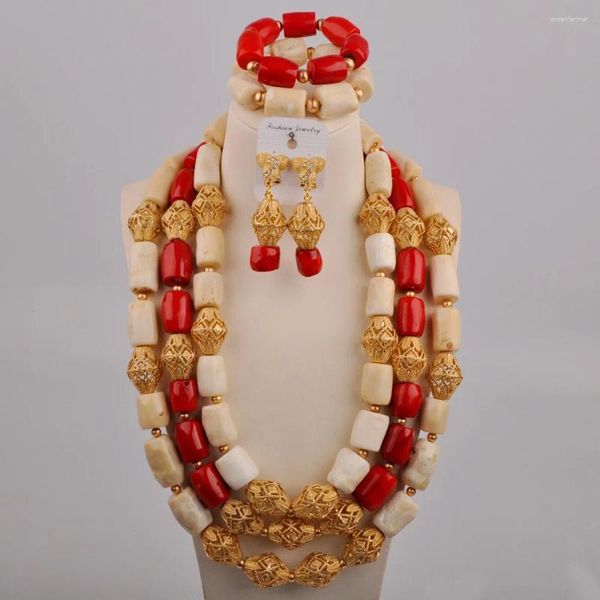 Ensemble de boucles d'oreilles et collier, couleurs mélangées, corail naturel, blanc et rouge, accessoires pour robe de soirée africaine, bijoux de mariage pour mariée nigériane, AU-659