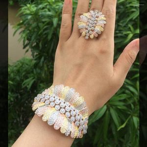 Ketting Oorbellen Set ModemAngel Mode Luxe Super 3 Tone Boom Bloemen Kubieke Zirconia Vrouwen Party Engagement Breedte Armband Bangle