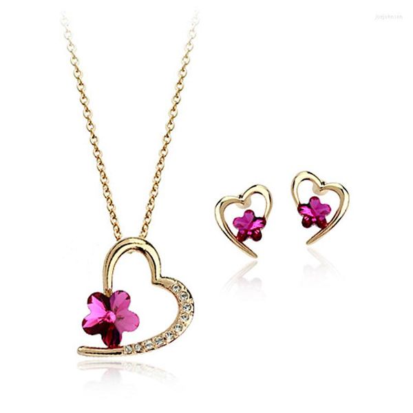 Collier boucles d'oreilles ensemble MOONROCY or Rose couleur cristal bijoux Rigant Chokers rouge fleur coeur pour les femmes goutte cadeau