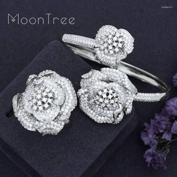 Collar Pendientes Set MoonTree Exclusivo Lucky Flowers Full Mirco Pavimentado Cubic Zirconia Mujeres Pulsera Brazalete Anillo Vestido