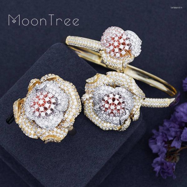 Collier boucles d'oreilles ensemble MoonTree luxe Floral soleil fleur pleine zircone pavé Bracelet Bracelet anneau robe pour les femmes