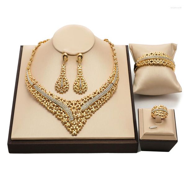 Ensemble collier et boucles d'oreilles, bijoux arabes marocains pour femmes, qualité de mariage, dubaï, plaqué or 24 carats, Bracelet, bague