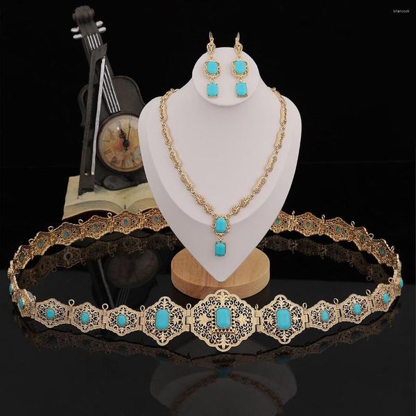 Ensemble de collier et boucles d'oreilles pour femmes marocaines, Bijoux préférés, couleur or, ceinture en métal, pendentif de luxe, cadeau de mariage pour les mariées