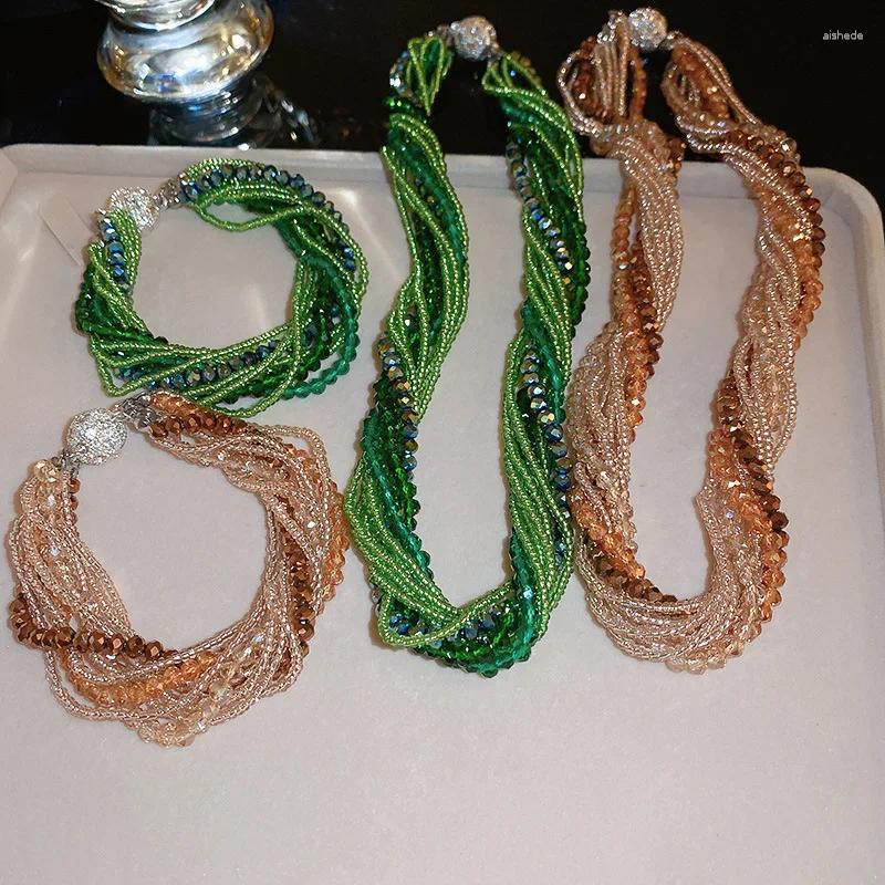 Collana di orecchini set braccialetto di perline di cristallo caffè verde multistrato per donna Accessori moda collares per feste