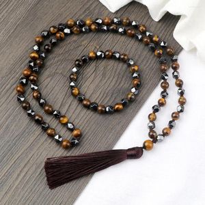 Ketting oorbellen Set natuurlijk 6 8 mm onregelmatige zwarte galsteen tijger oog kralen armband tibetain gebed genezende kwastige bangle sieraden