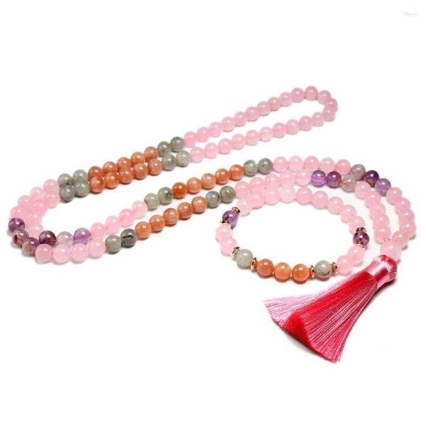 Conjunto de collar y pendientes de cuarzo rosa natural de 8 mm y auralita, 23 cuentas, 108 cuentas, joyería de labradorita gris Mala, pulsera de Buda de piedra solar para mujer