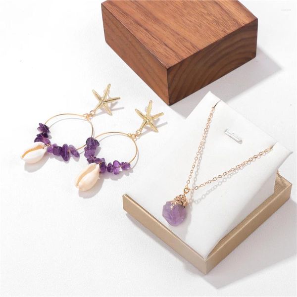 Ensemble de boucles d'oreilles et collier en améthystes naturelles, coquille d'étoile de mer, breloques pour femmes, quartz brut, bijoux de plage de mer de bohême