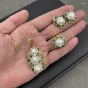 Ketting oorbellen set natuurlijke barokvormige parel voortreffelijke mode toertoermalijn kleursteen high-end driedelige dames banket sieraden