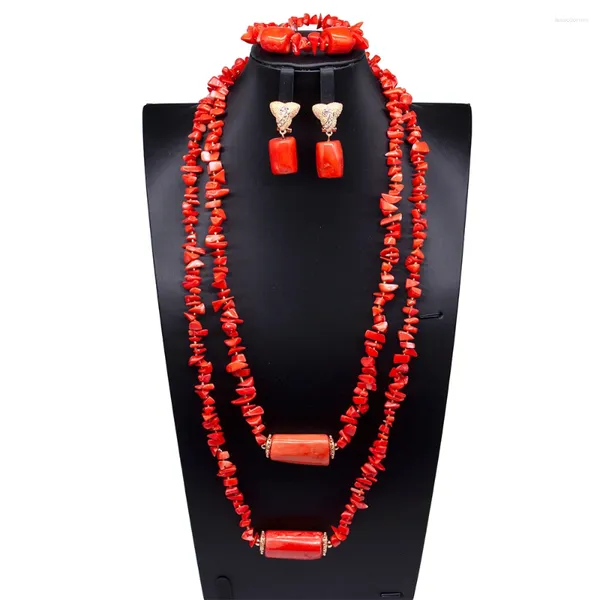 Ensemble collier et boucles d'oreilles en corail naturel, bijoux de Costume africain, perles du Nigeria, bijoux de mariée Orange ABG076