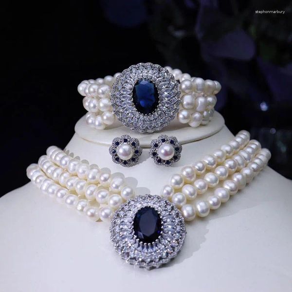 Ensemble de boucles d'oreilles et collier en perles d'eau douce naturelles, haut de gamme, strass tchèques de luxe, accessoires de bijoux pour fête de mariage pour femmes