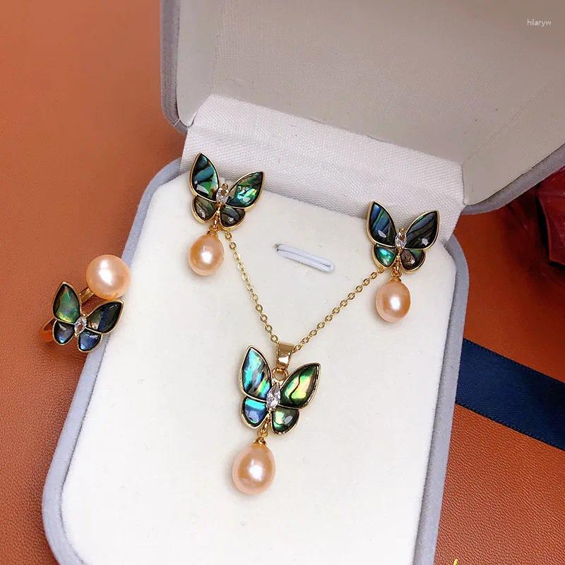 Conjunto de collar y pendientes, colgante de perlas naturales de agua dulce, anillo exquisito, joyería de tres piezas