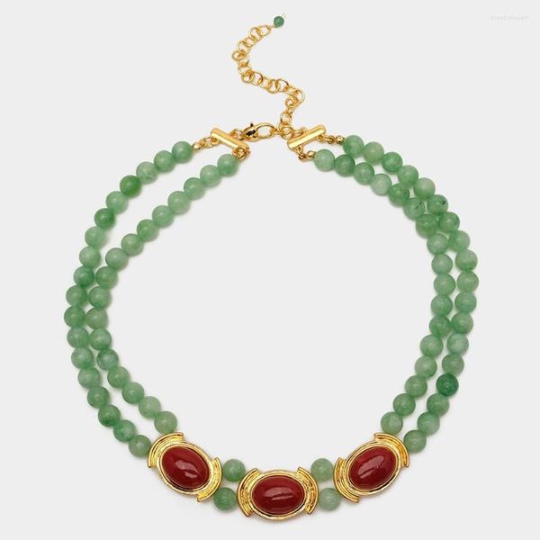 Collier Boucles D'oreilles Ensemble Agate Verte Naturelle Perlée De Pierres Précieuses Rouges