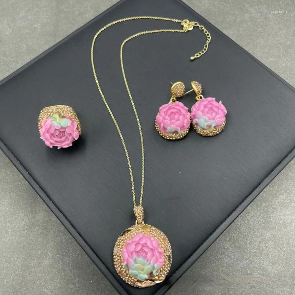 Ensemble de boucles d'oreilles et collier en Agate Rose naturelle, trois pièces de strass, de luxe haut de gamme, à la mode, bijoux de mariage pour femmes