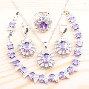 Ketting Oorbellen Set Natuurlijke Paarse Kristal Bruiloft Voor Vrouwen Bruids Sieraden Armbanden Ringen Russische Stijl QS088