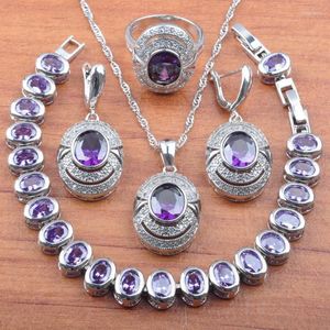 Ketting oorbellen set natuurlijke paarse kristallen bruiloft sieraden voor vrouwen zilveren kleur hanger ringen armband JS100Earrings