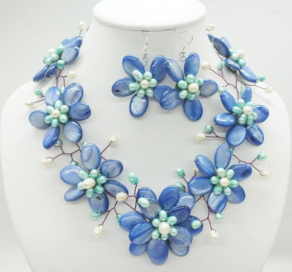 Ensemble collier et boucles d'oreilles en coquillage bleu royal naturel, fleur de mariée, 20 pouces