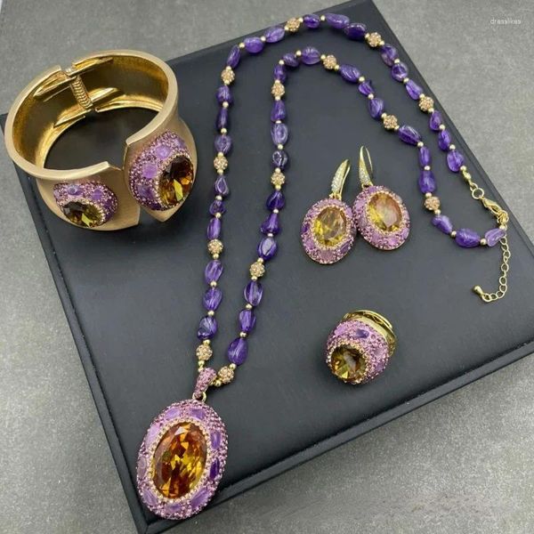 Conjunto de collar y pendientes con incrustaciones de piedra natural de Sudán que cambia de color y accesorios exquisitos para banquetes de mujer de moda púrpura original de 4 piezas