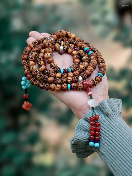 Conjunto de collar y pendientes, pulsera de calavera tallada en hueso de Yak tibetano Natural, cabeza de estilo étnico, joyería de Rosario de 108 cuentas