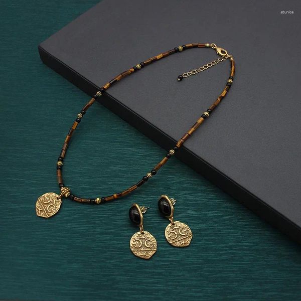 Collar Pendientes Conjunto Ojos de tigre naturales Cuentas de lava 24K Dorado Negro Pendiente de ónix Ágata Moneda irregular Mujer Hombre Joyería de hebra hecha a mano