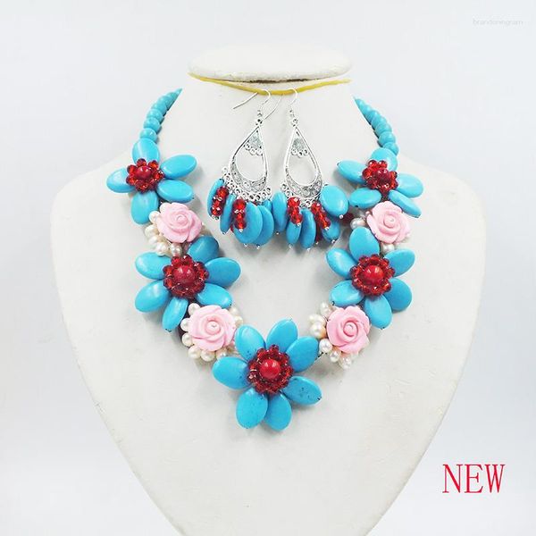 Collier boucles d'oreilles ensemble pierre semi-précieuse turque naturelle/corail/perle/cristal tissé à la main fleur classique 20