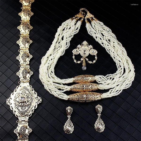 Colar brincos conjunto neovisson cor de ouro marroquino luxuoso para mulheres grânulo broche gota brinco cinto de metal jóias de casamento