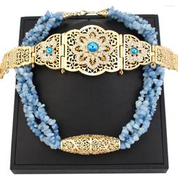 Conjunto de collar y pendientes Neovisson, cinturón exuberante azul claro, cadena de piedra multicapa para mujer aristocrática, joyería caftán, novia de Argelia