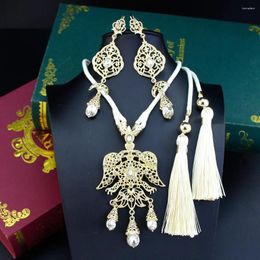 Neovisson – ensemble de boucles d'oreilles et collier pour femme, délicat, marocain, cristal, corde arabe, pendentif, longs glands, bijoux de couleur or
