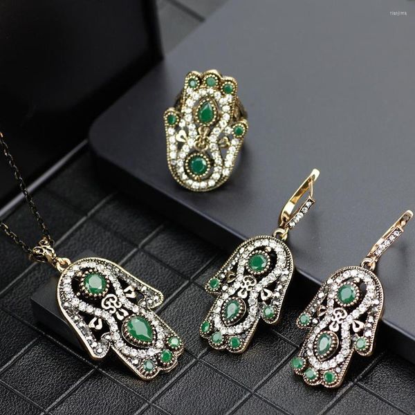 Collier et boucles d'oreilles ensemble Neovisson Vintage turquie dames bijoux préférés rétro couleur or bague boucle d'oreille pour les femmes bohême cristal cadeau