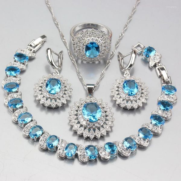 Ensemble de collier et boucles d'oreilles pour femmes, 9 couleurs, bleu de mer, cristal blanc, pendentif fleur, Bracelet, bague