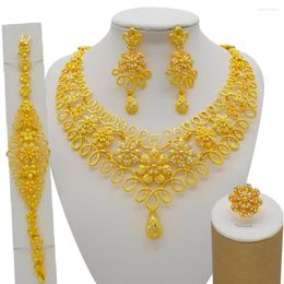 Collier boucles d'oreilles ensemble nigéria dubaï 24K or Fines fleurs africaine mariée cadeaux de mariage fête pour les femmes Bracelet anneau Se