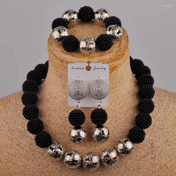 Collar Pendientes Conjunto Nigeria Boda Exquisita Perla de Imitación Pulsera Negra Joyería de Cuentas Africanas XK-01