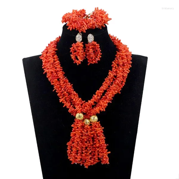 Conjunto de collar y pendientes para mujer, joyería de boda nigeriana, Chips de Coral, colgante largo hecho a mano, accesorios de novia africana