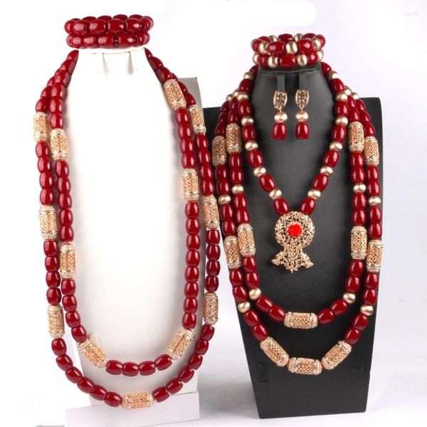 Conjunto de collar y pendientes, joyería de boda nigeriana para mujer/hombre, pulsera de cuentas africanas, accesorios de novia de resina de Coral de imitación, Color vino