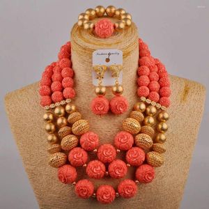 Ketting Oorbellen Set Nigeria Bruiloft Roze Koraal Ronde Kraal Jurk Accessoires Afrikaanse Bruid Sieraden AU-533