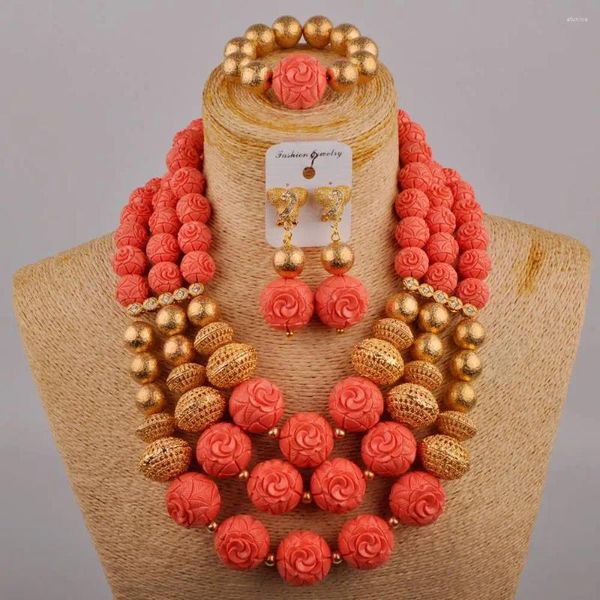 Ensemble de boucles d'oreilles et collier pour mariage nigérian, corail rose, perles rondes, accessoires pour robe, bijoux de mariée africaine, AU-533