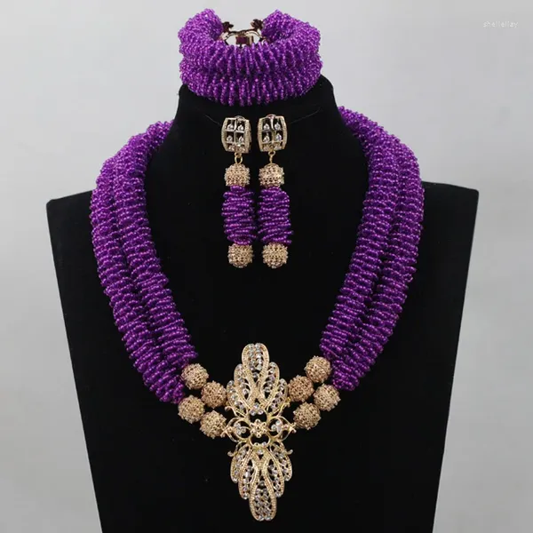 Ensemble de collier et boucles d'oreilles en perles de cristal nigérianes, bijoux pour femmes, bavoir violet, Design de graines, WD552