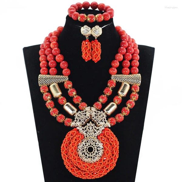 Conjunto de collar y pendientes, cuentas de Coral de boda nigeriana, joyería, babero grueso, traje africano de cristal, novia CG014